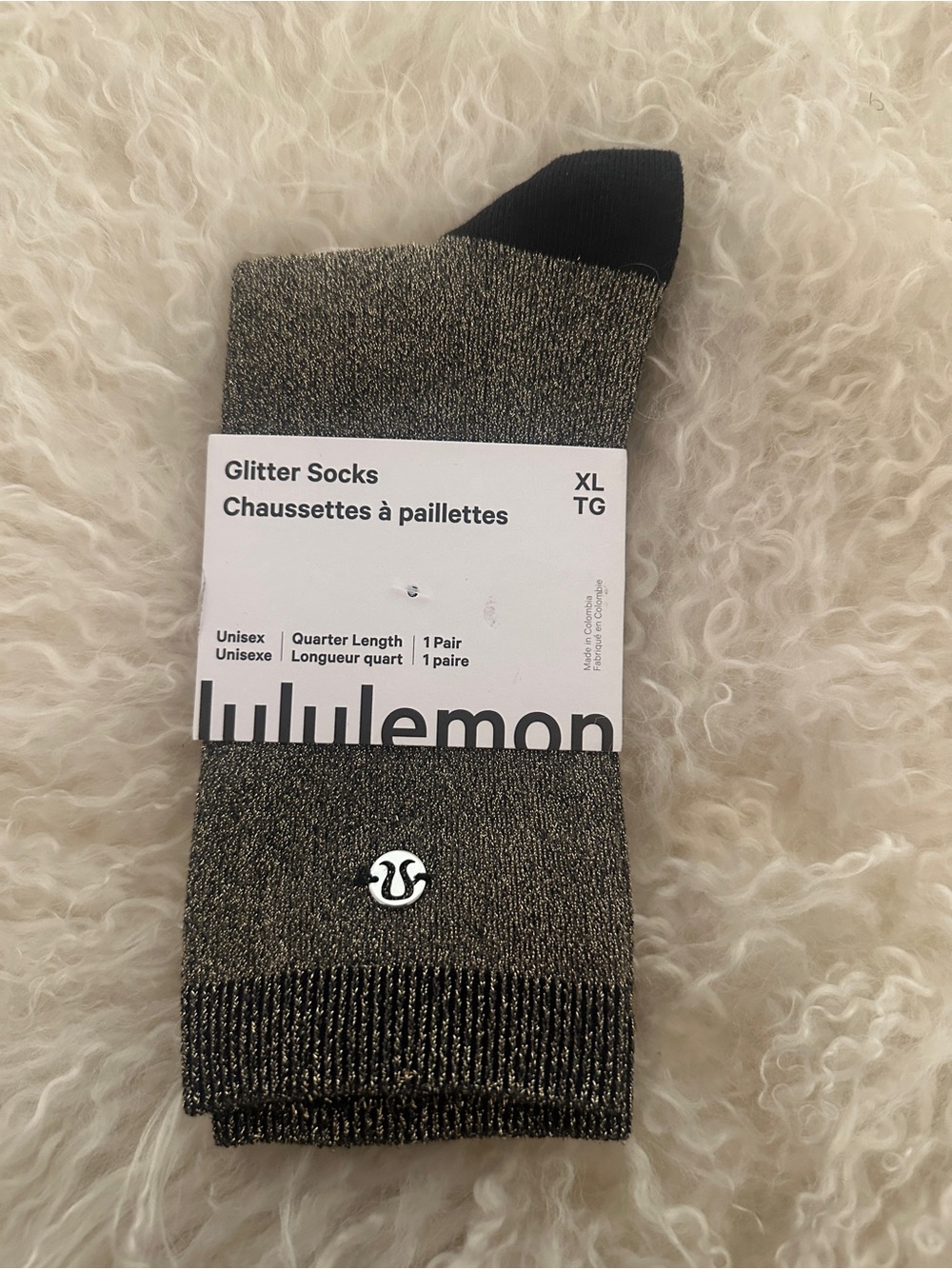 Lululemon NWT Glitter Socks Black Unisex Quarter Length Logo NEW Sz XL